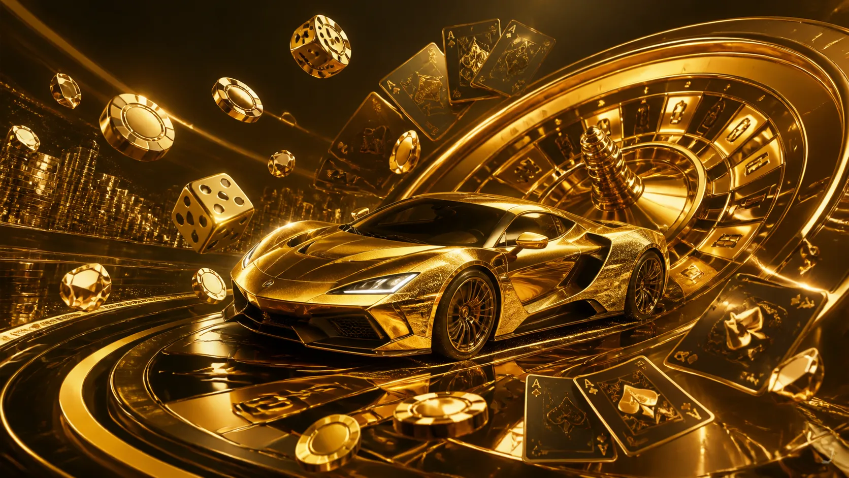 Luxury casino-themed banner featuring gold and blue poker chips, cards, and dice with glowing accents